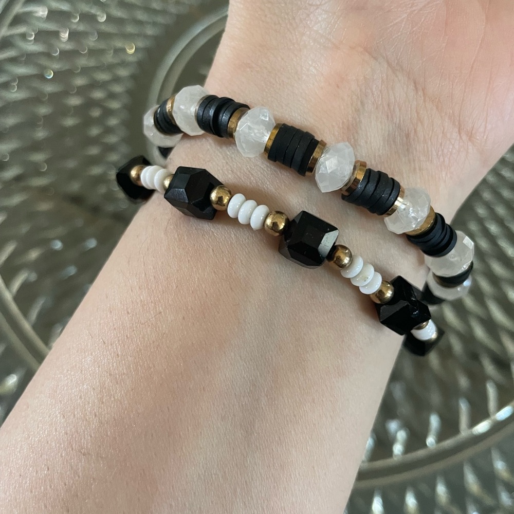 Black, White & Gold Beaded Stackable Bracelets